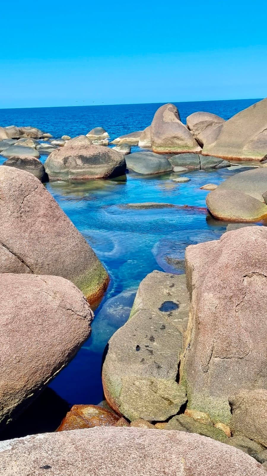 Poça de água cristalina entre as pedras do costão, mar e céu azul