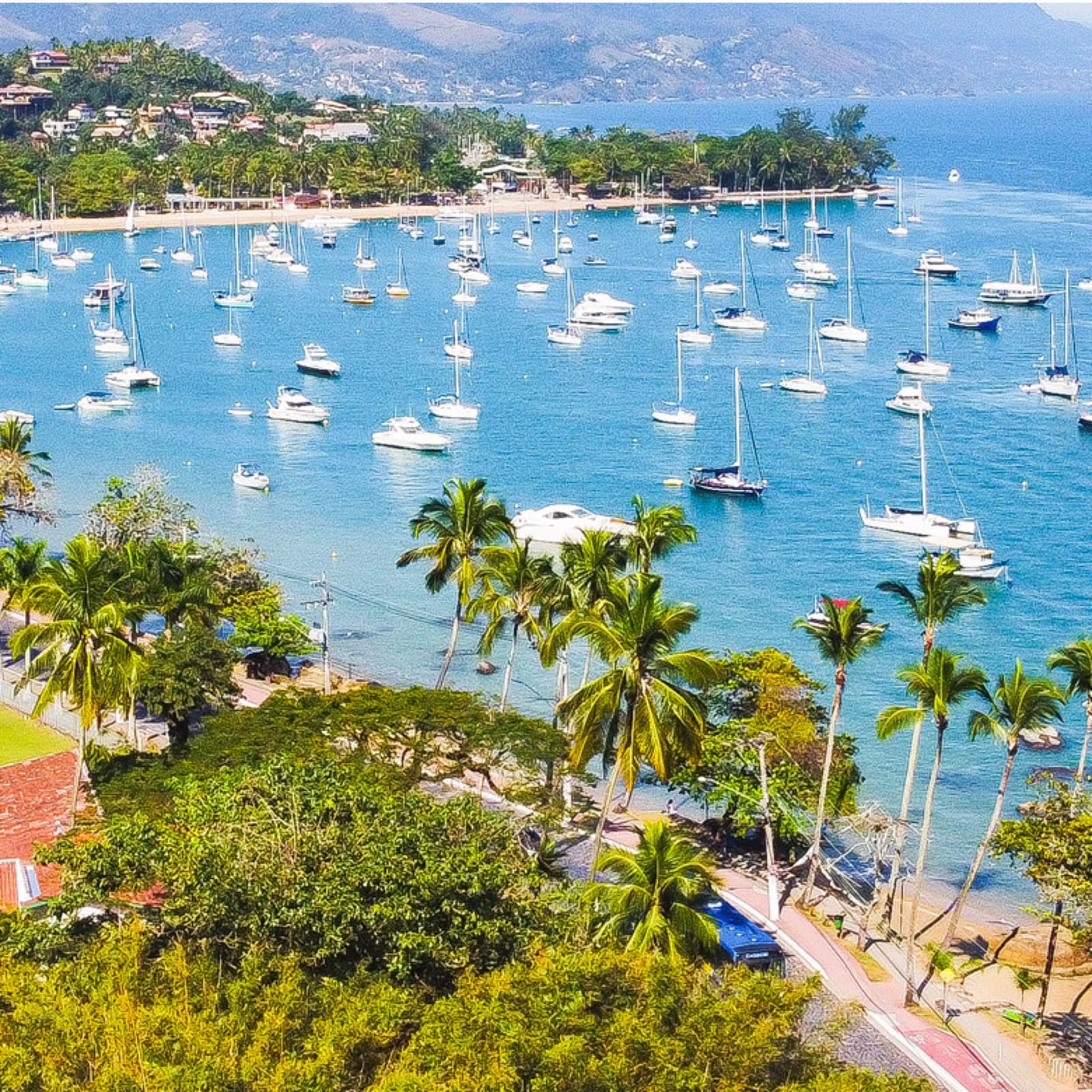 Baía de Ilhabela cheia de veleiros e água turquesa vista do alto